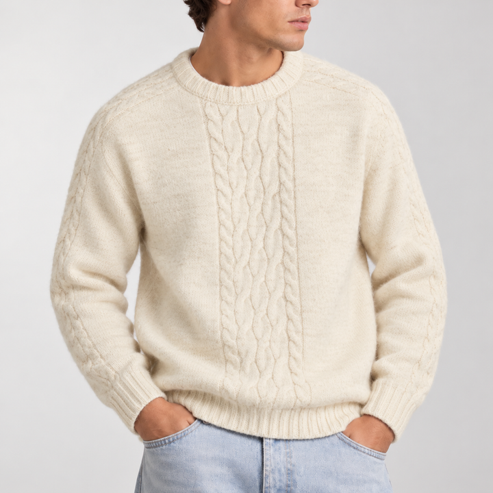 Men's Cable Knit Panel Jumper with Ribbed Crew Neck