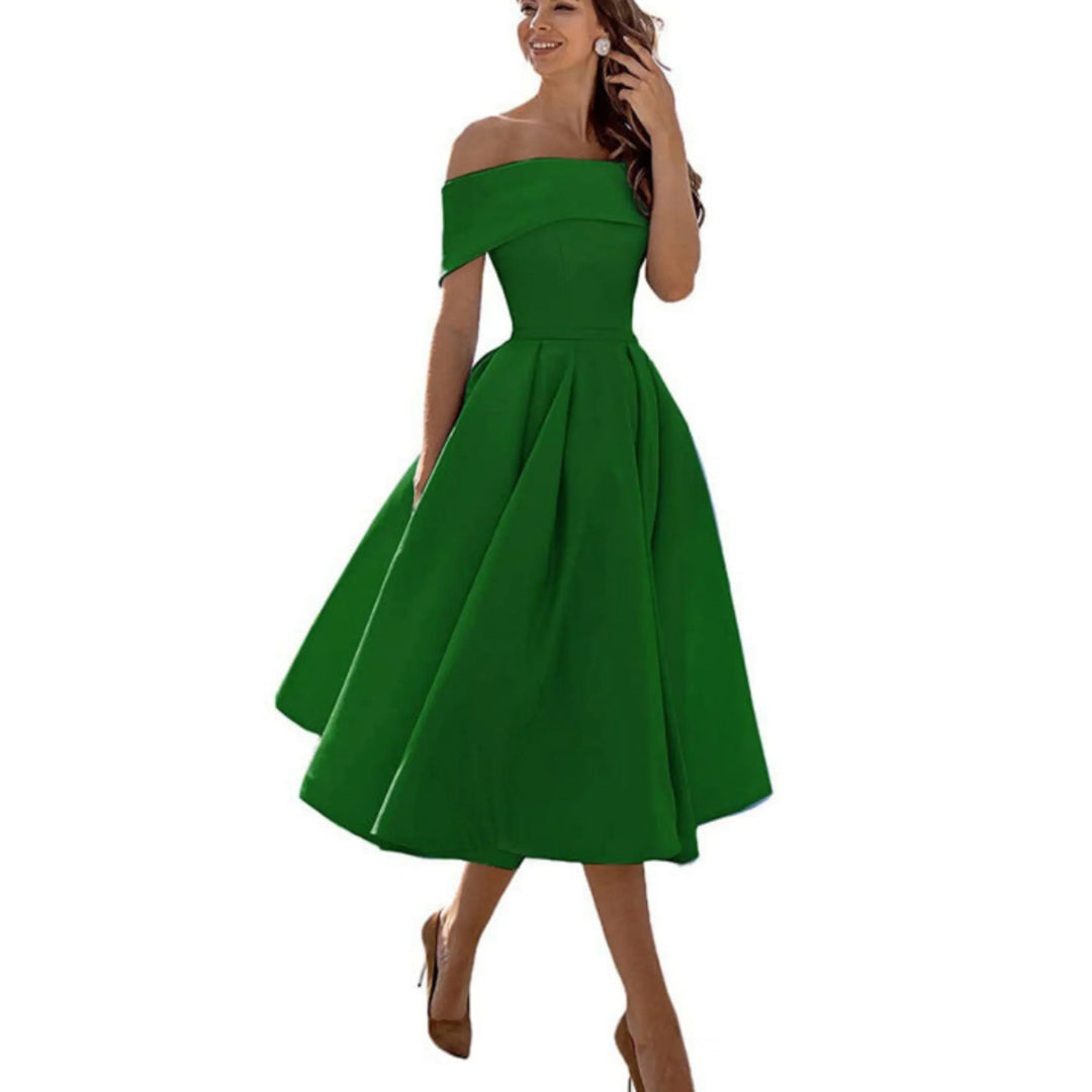 Valentina | Elegant Off Shoulder Evening Midi Dress