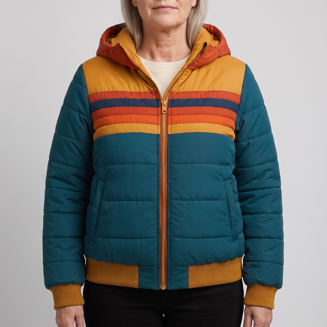Women's Padded Puffer Jacket with Striped Colour Block