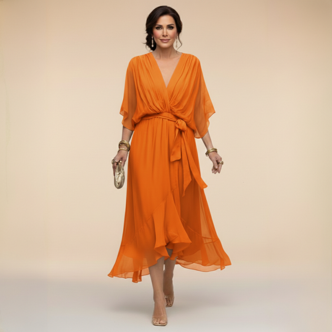 Women's Wrap Midi Dress with Kimono Sleeves