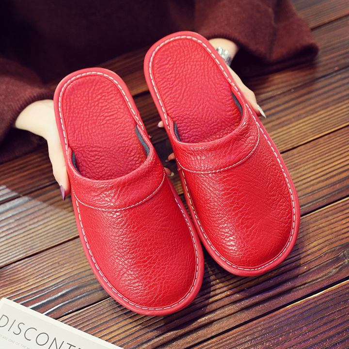 Men's Leather Slippers with Stitched Trim