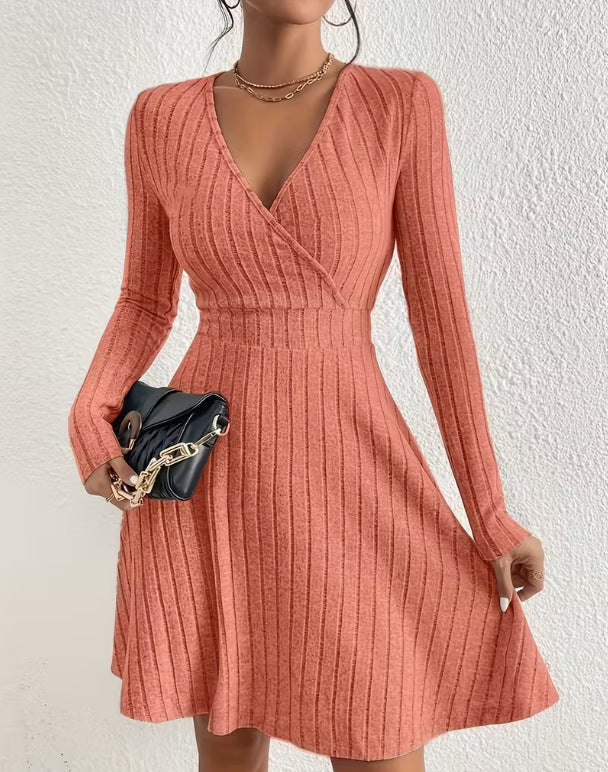 Women's Ribbed Knit Wrap Dress with V-Neck