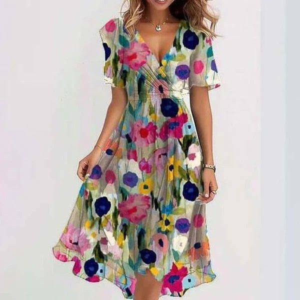 Women's Floral Wrap Midi Dress with Flutter Sleeves