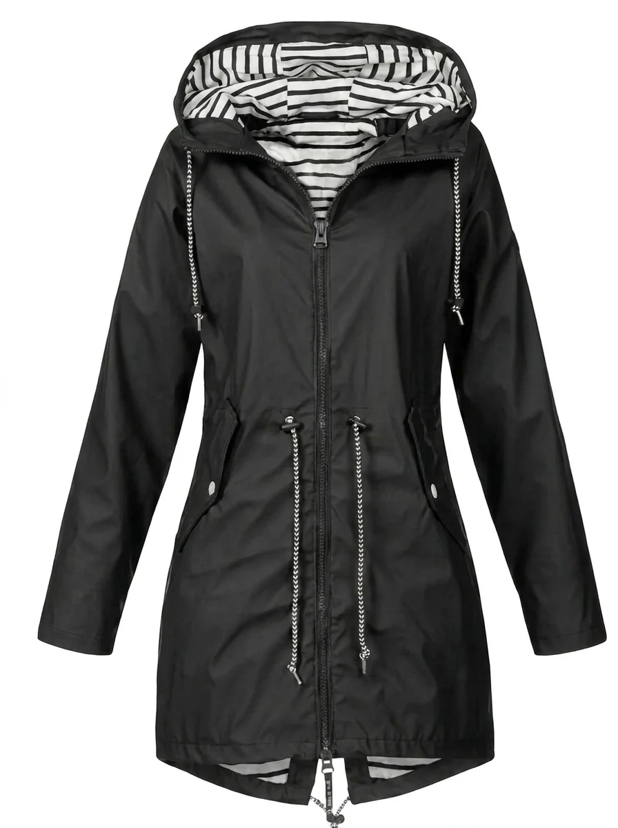 Women's Water-Resistant Hooded Raincoat with Drawstring Waist