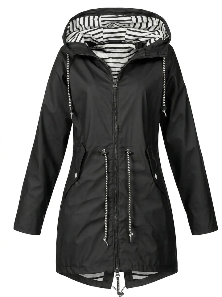 Women's Water-Resistant Hooded Raincoat with Drawstring Waist