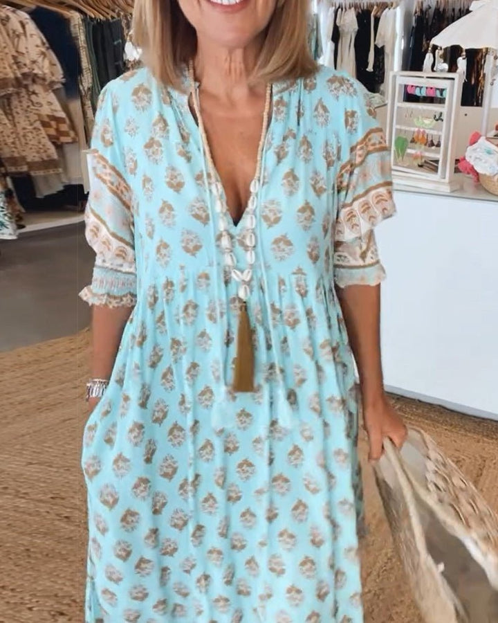 Boho Print V-Neck Midi Dress
