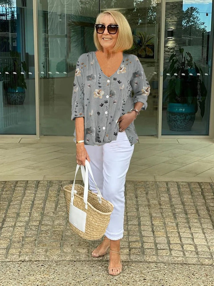 Women's Linen Floral Print Blouse with V-Neck