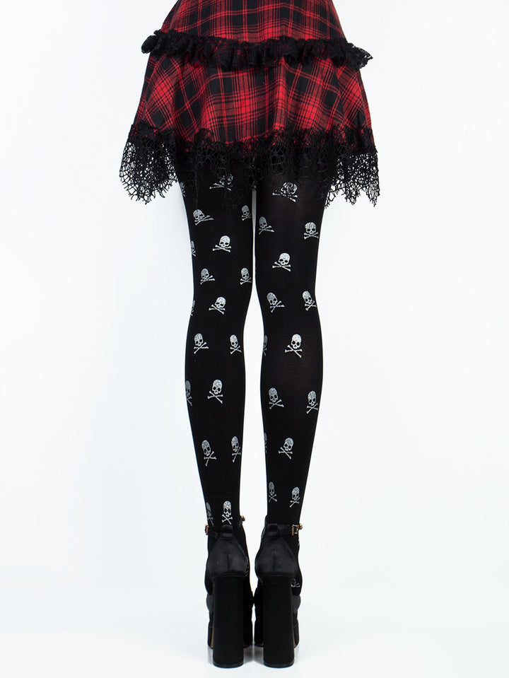 Women's Skull Print Halloween Tights with Metallic Glitter