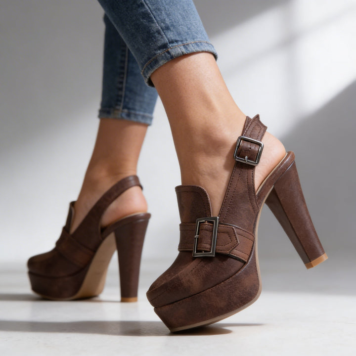 Women's Platform Slingback Loafer Heels with Buckle Strap