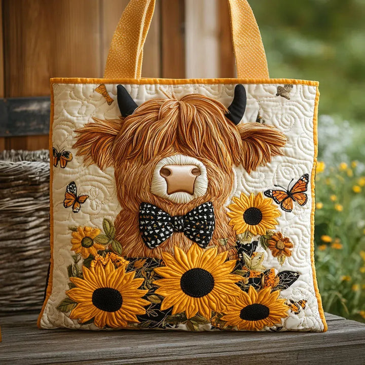 Women's Quilted Highland Cow Tote Bag with Sunflower Print