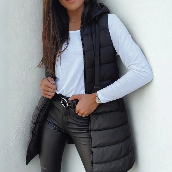 Women's Longline Hooded Puffer Gilet with Zip