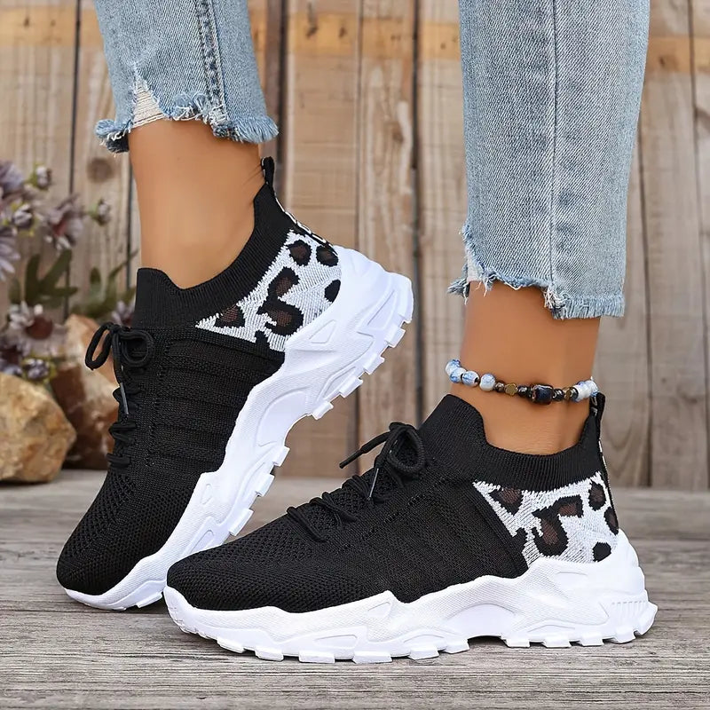 Women's Breathable Knit Lace-Up Trainers with Chunky Sole