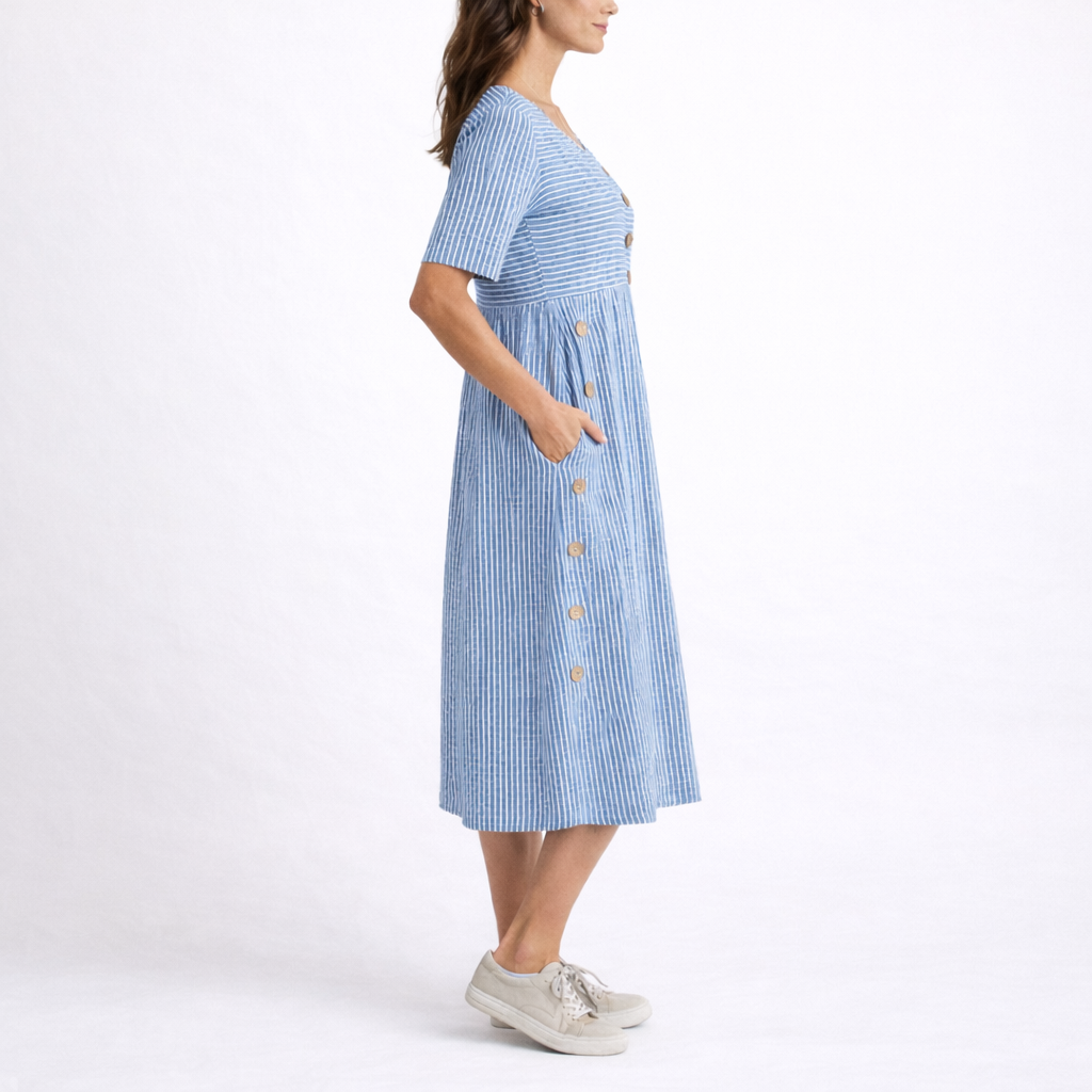 Women's Striped Midi Dress with Button Detail