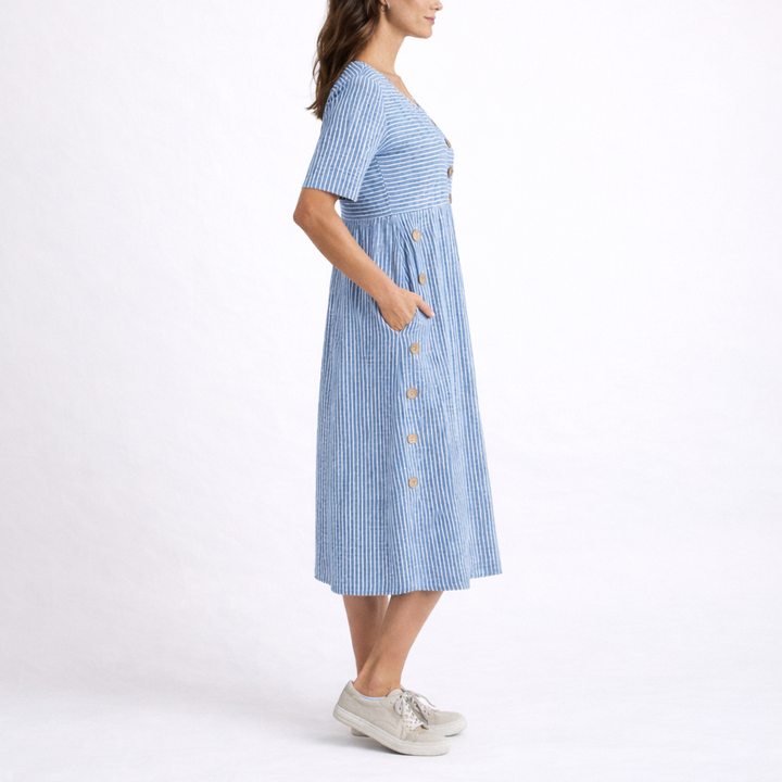 Women's Striped Midi Dress with Button Detail