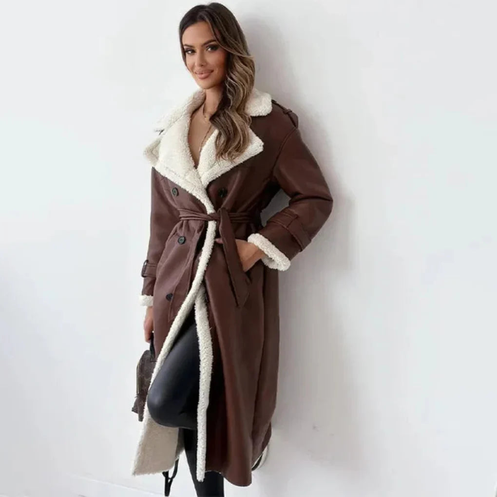 Women's Sherpa Trim Double-Breasted Long Coat