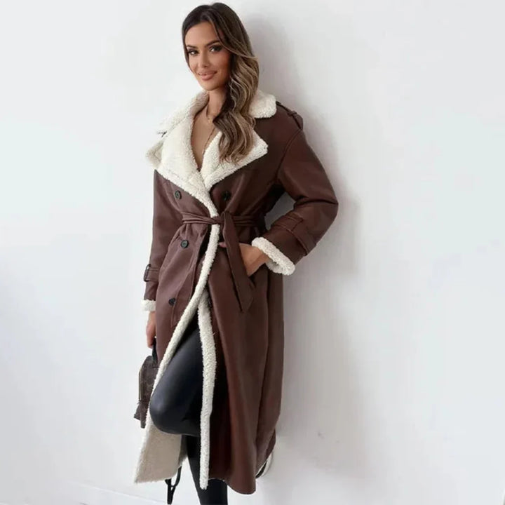 Women's Sherpa Trim Double-Breasted Long Coat