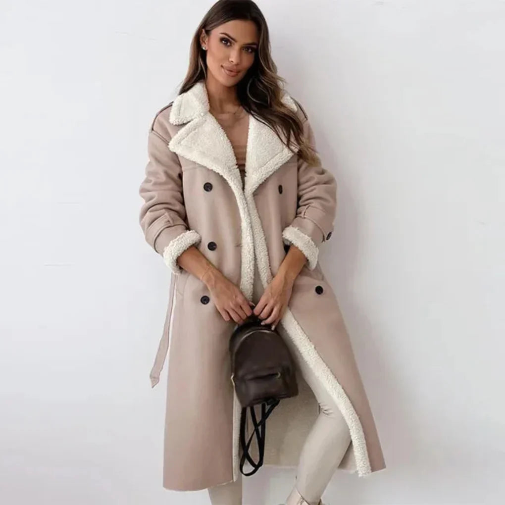 Women's Sherpa Trim Double-Breasted Long Coat