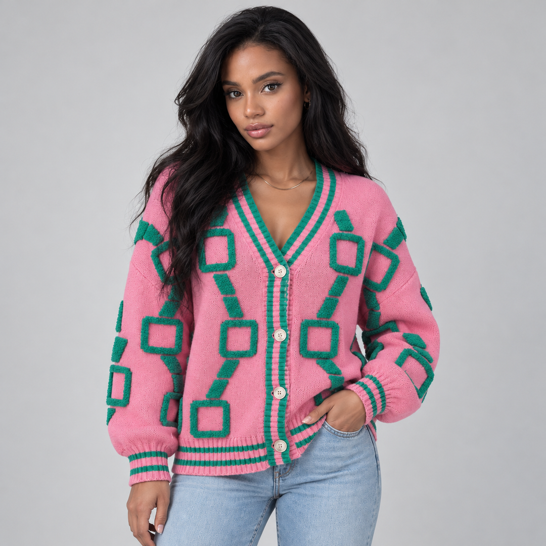 Women's Geometric Knit Cardigan with Contrast Striped Trims