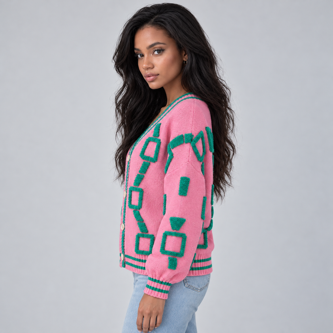 Women's Geometric Knit Cardigan with Contrast Striped Trims