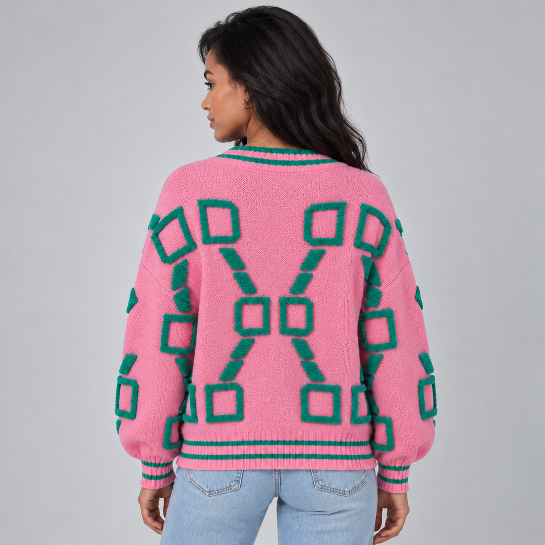 Women's Geometric Knit Cardigan with Contrast Striped Trims