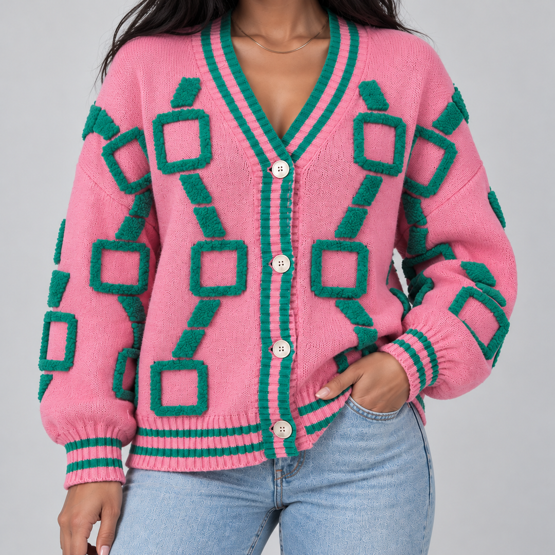 Women's Geometric Knit Cardigan with Contrast Striped Trims