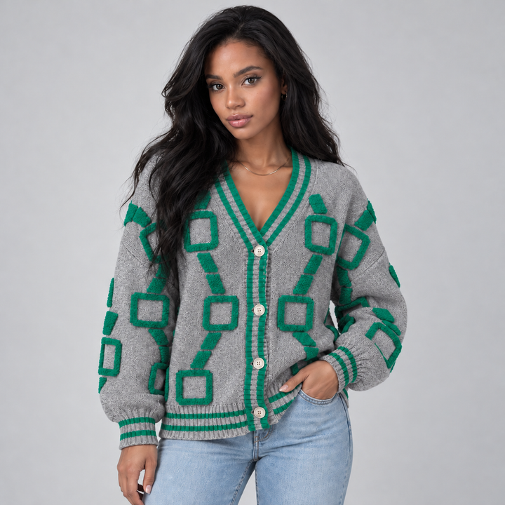 Women's Geometric Knit Cardigan with Contrast Striped Trims