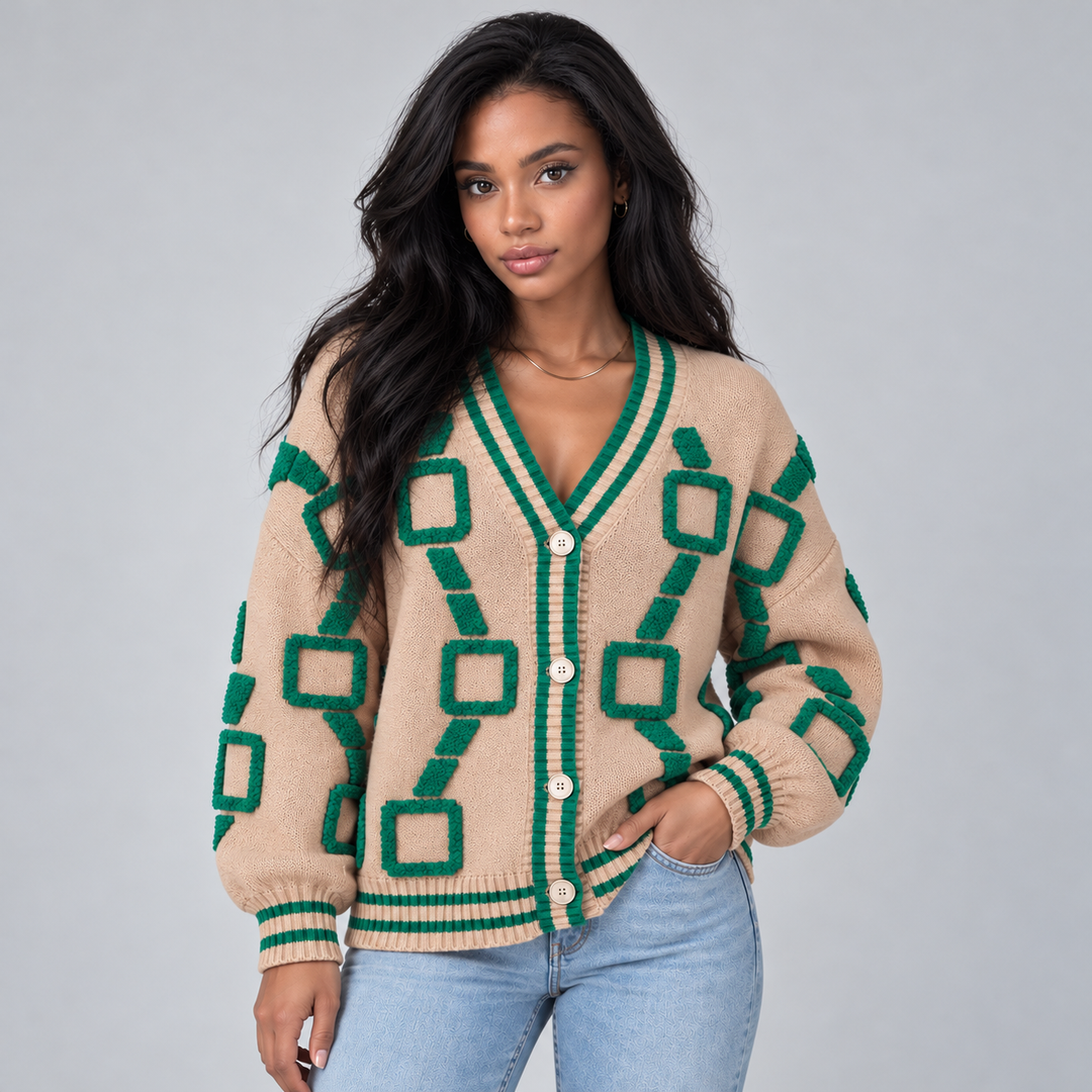 Women's Geometric Knit Cardigan with Contrast Striped Trims