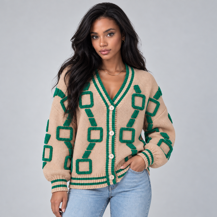 Women's Geometric Knit Cardigan with Contrast Striped Trims