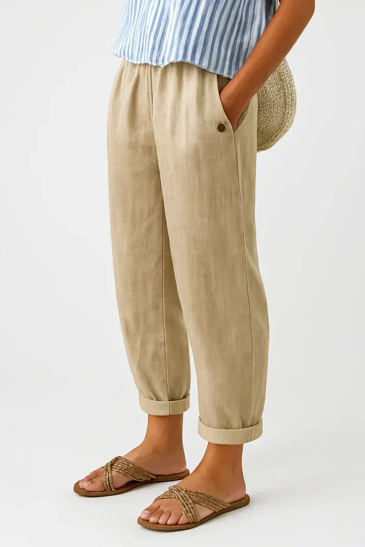 Women's Linen Tapered Pants with Cuffed Hem