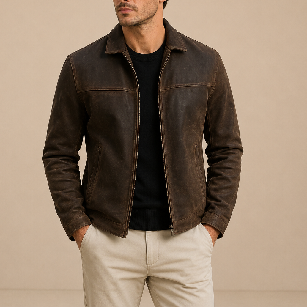 Men's Faux Suede Zip Jacket with Turn-Down Collar