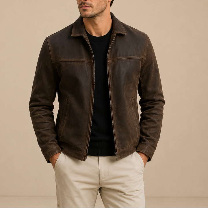 Men's Faux Suede Zip Jacket with Turn-Down Collar