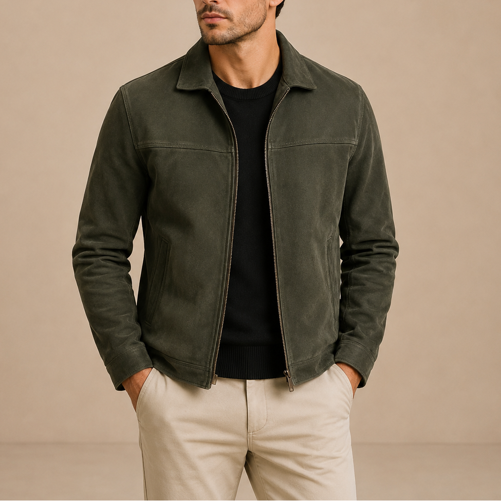 Men's Faux Suede Zip Jacket with Turn-Down Collar