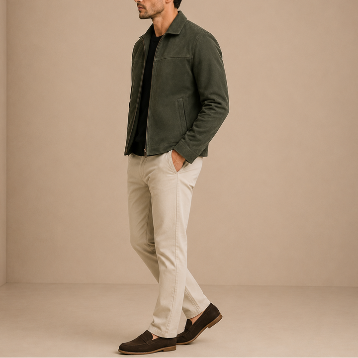 Men's Faux Suede Zip Jacket with Turn-Down Collar
