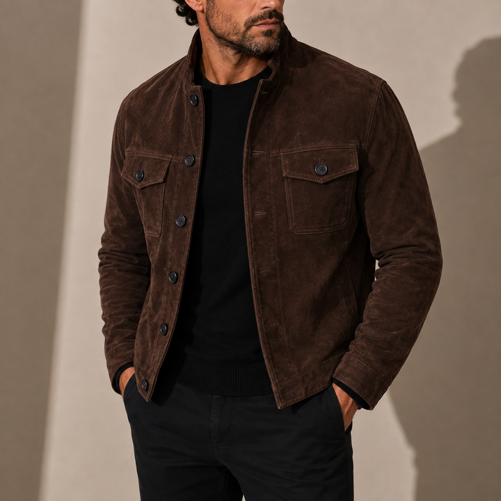 Men's Faux Suede Jacket with Stand Collar and Chest Pockets