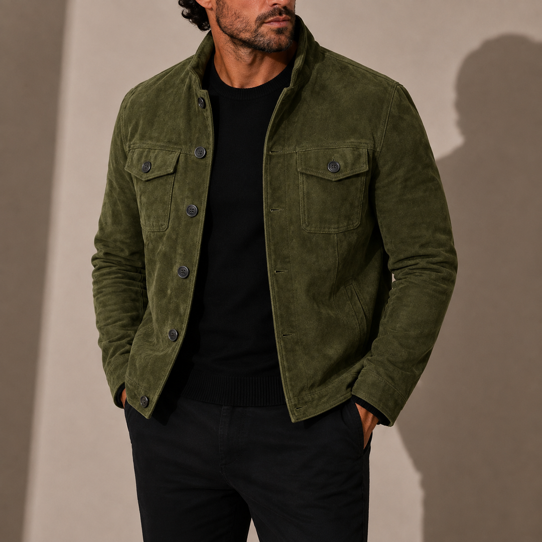 Men's Faux Suede Jacket with Stand Collar and Chest Pockets