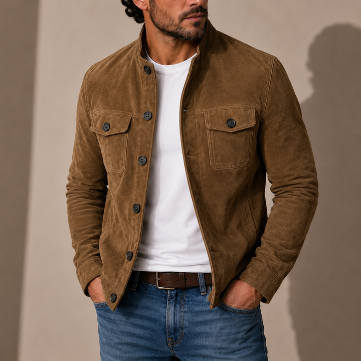 Men's Faux Suede Jacket with Stand Collar and Chest Pockets