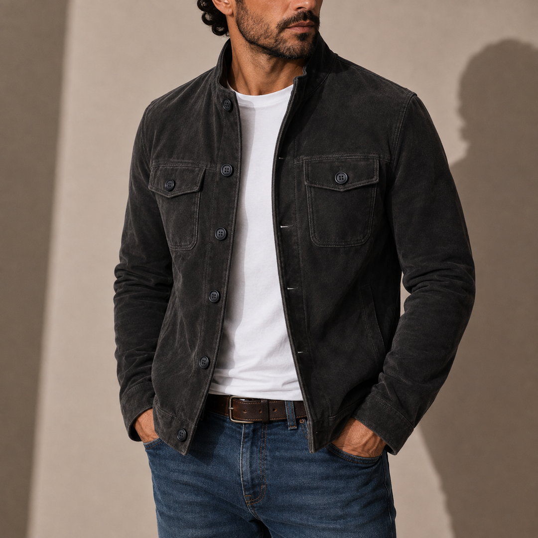 Men's Faux Suede Jacket with Stand Collar and Chest Pockets