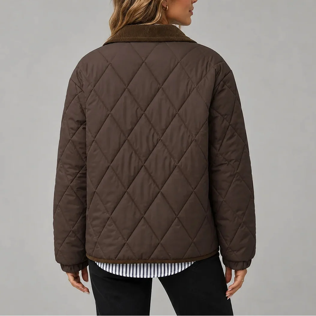 Women's Diamond Quilted Jacket with Corduroy Collar