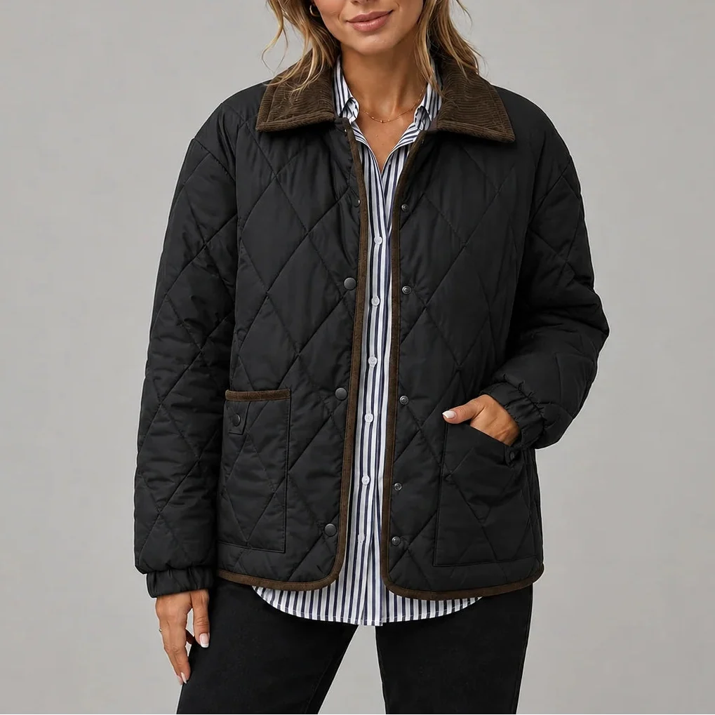 Women's Diamond Quilted Jacket with Corduroy Collar