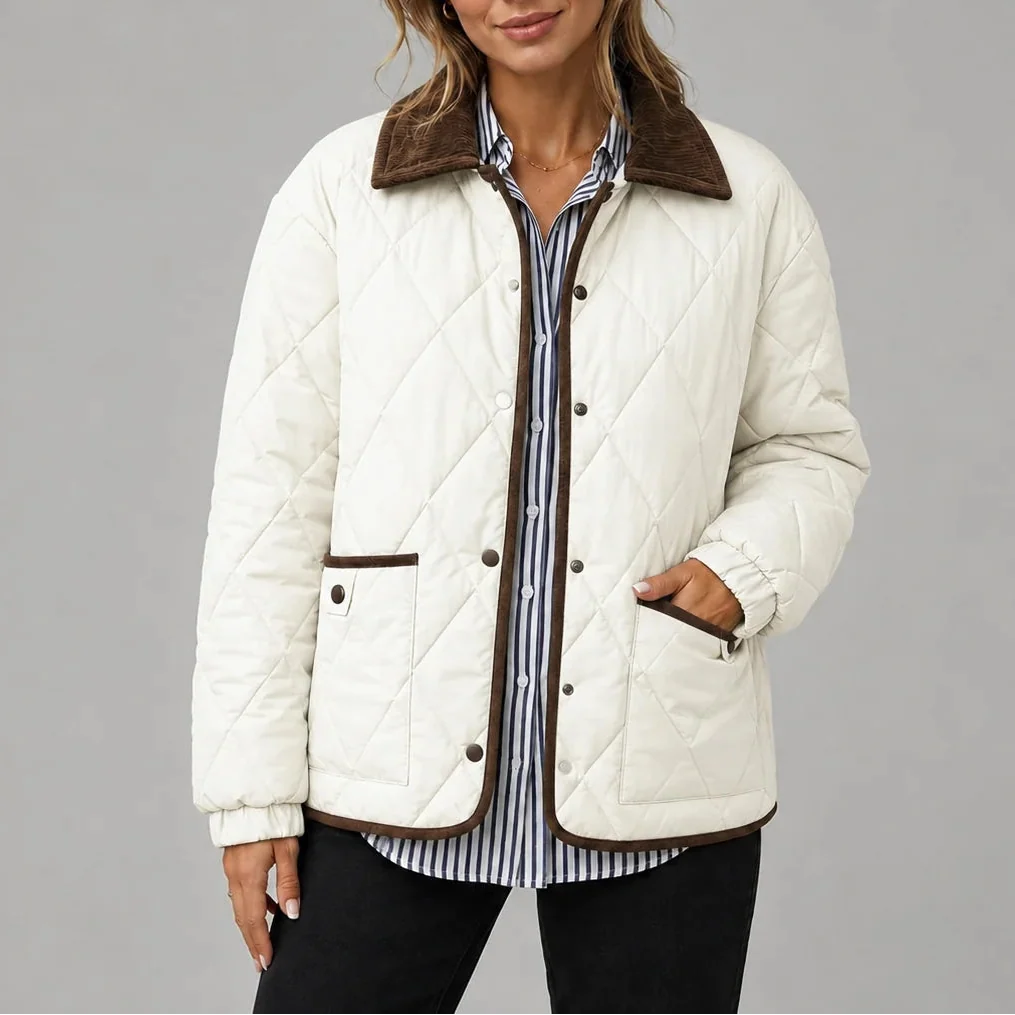 Women's Diamond Quilted Jacket with Corduroy Collar