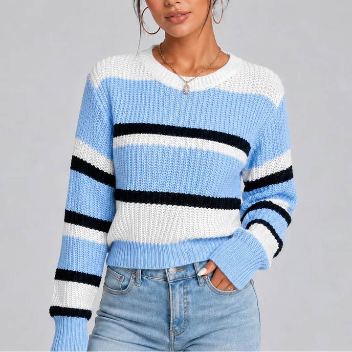 Women's Striped Knitted Jumper with Crew Neck