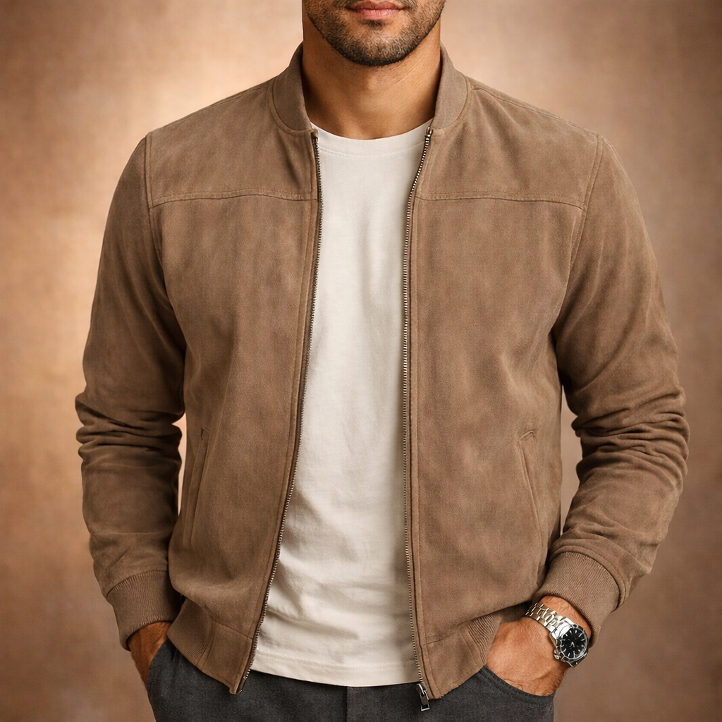 Men's Bomber Jacket in Suede-Look Finish with Zip Front