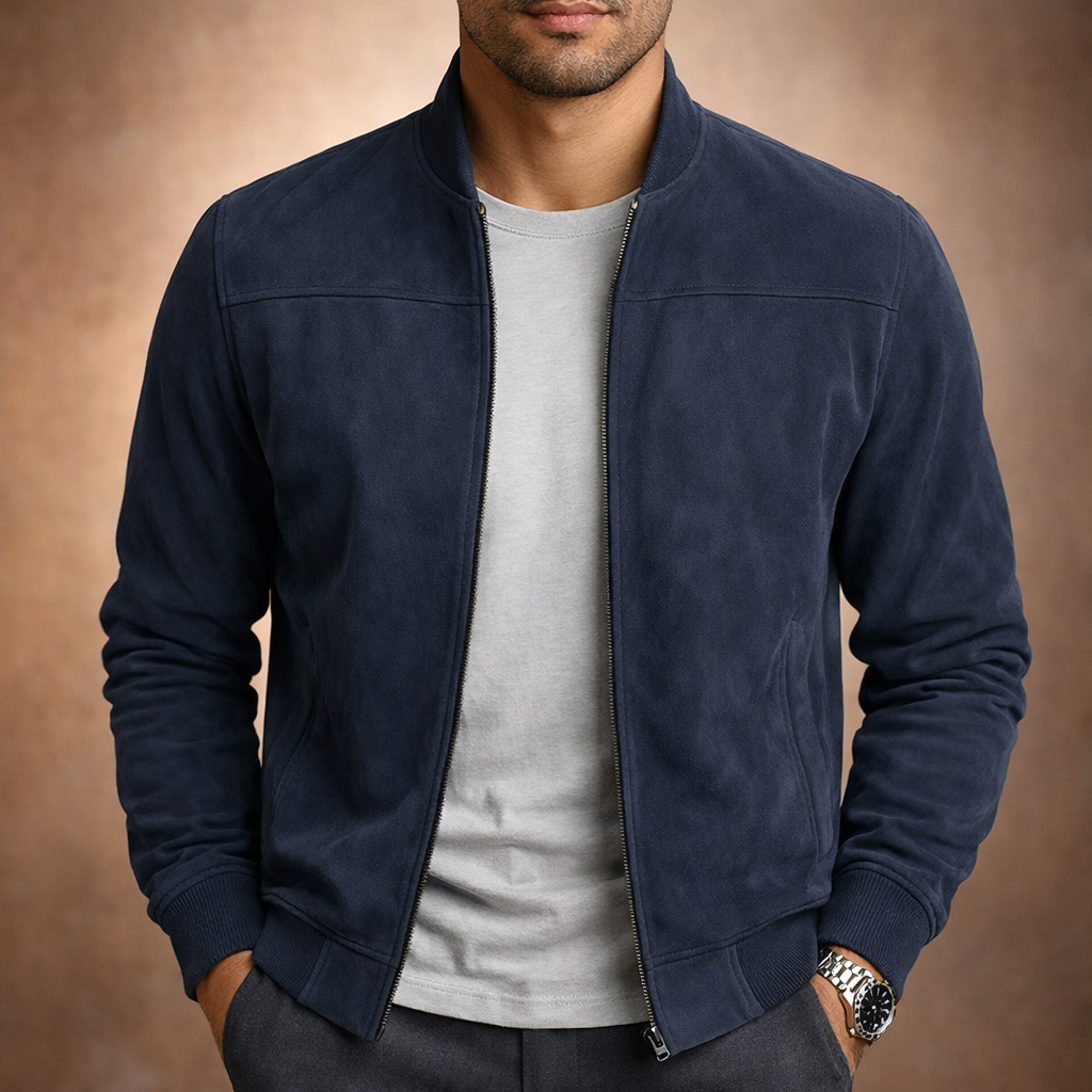 Men's Bomber Jacket in Suede-Look Finish with Zip Front