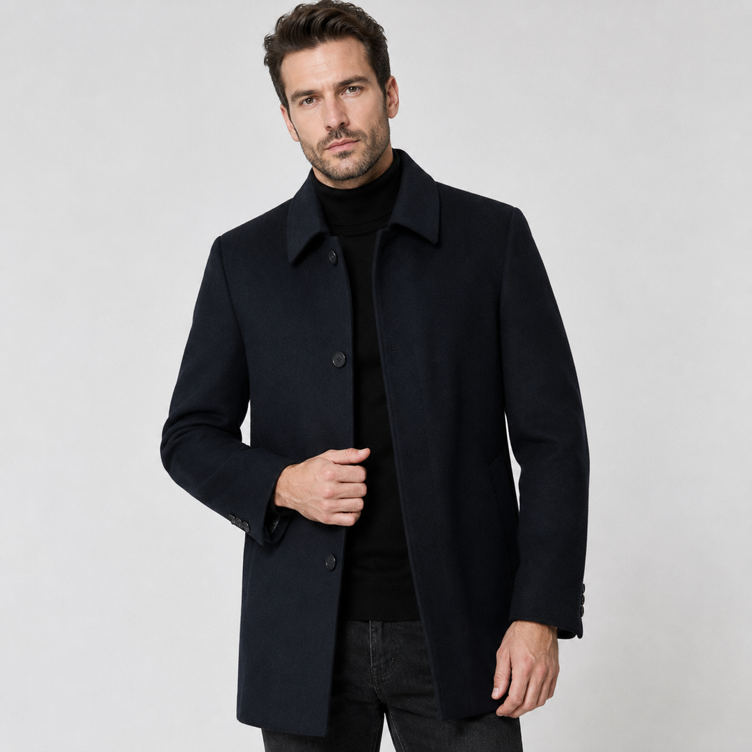 Men's Wool Overcoat with Button Front Closure