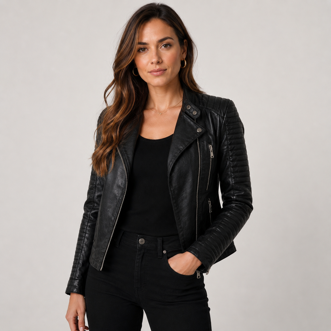 Women's Cropped Biker Jacket with Quilted Panels