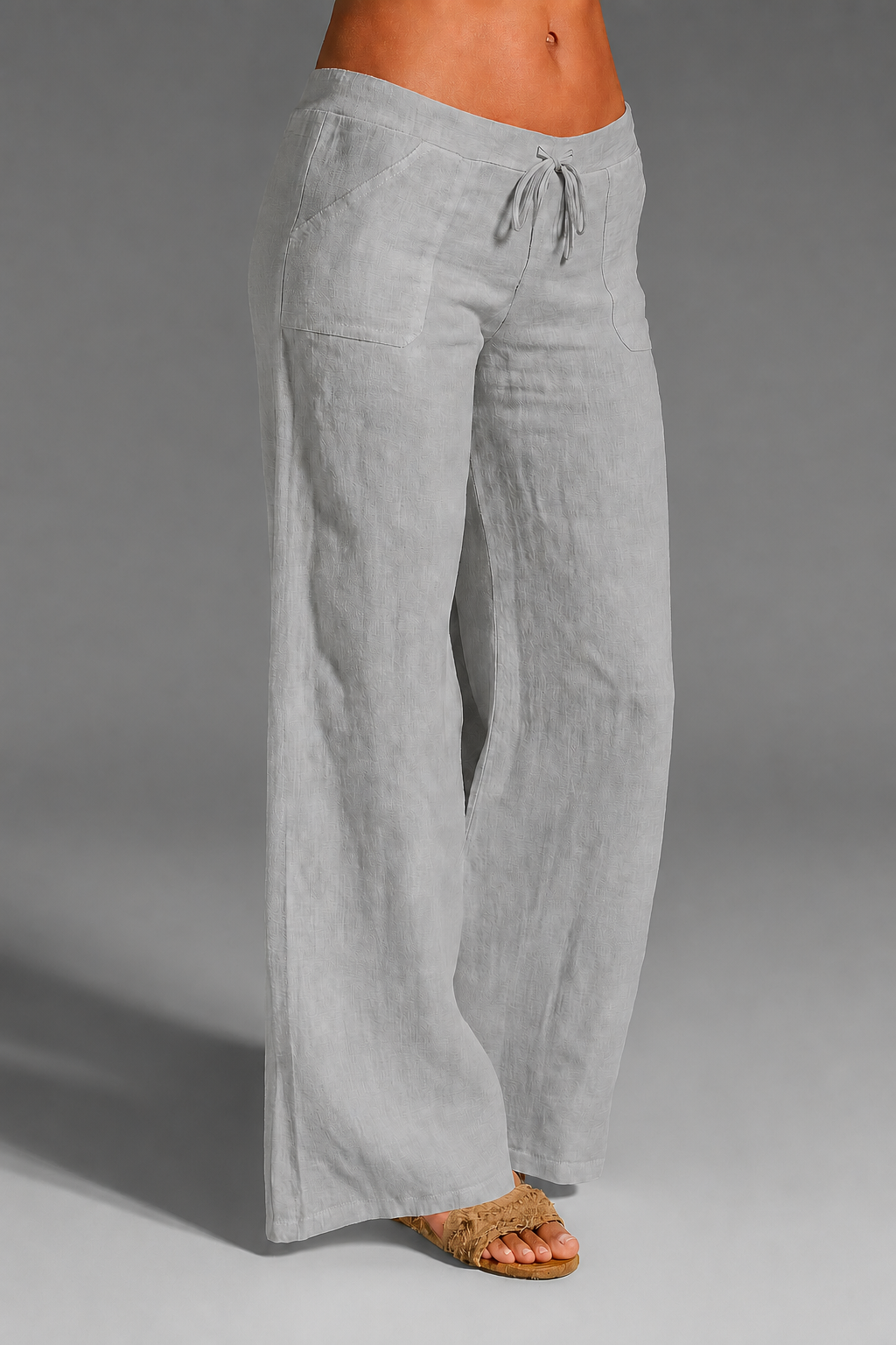 Women's Linen Wide-Leg Pants with Drawstring Tie