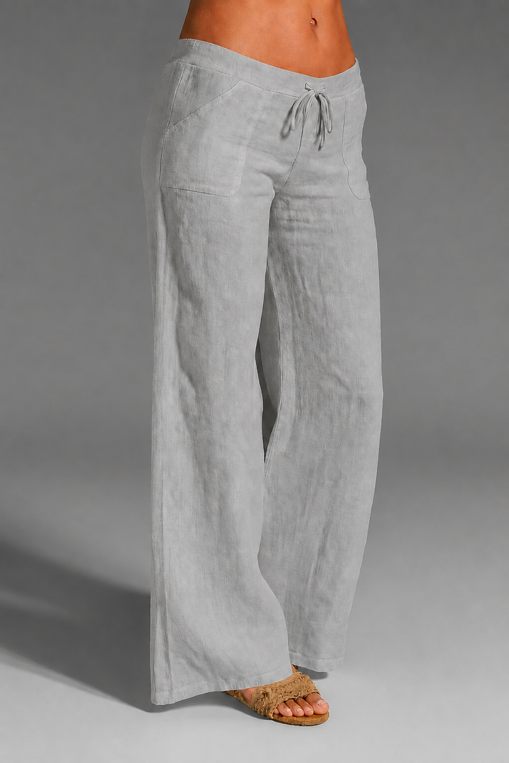 Women's Linen Wide-Leg Pants with Drawstring Tie