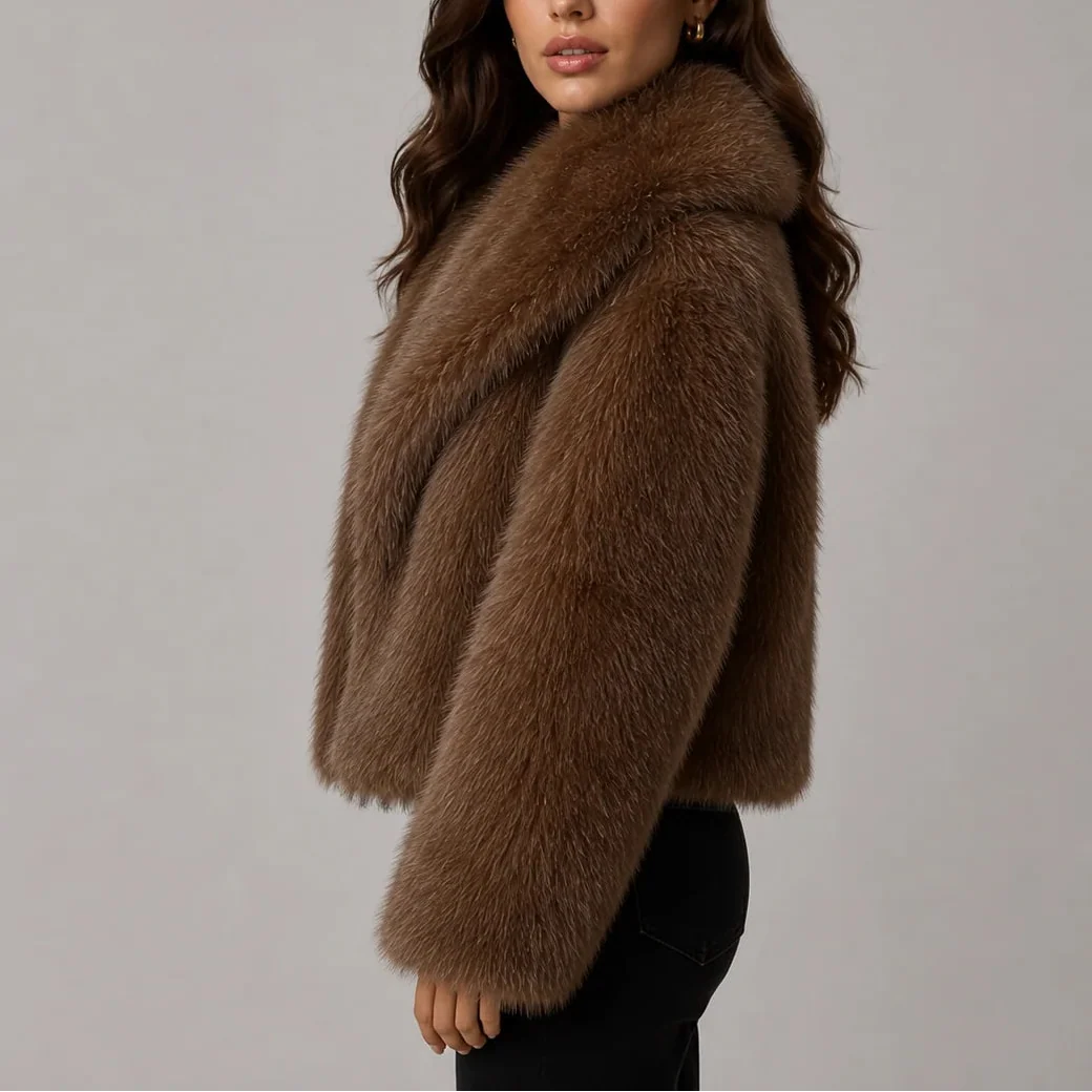 Women's Faux Fur Cropped Jacket with Oversized Collar