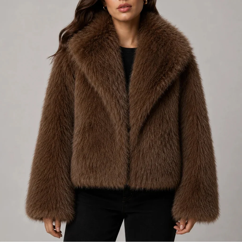 Women's Faux Fur Cropped Jacket with Oversized Collar