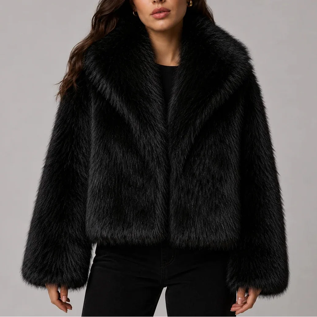 Women's Faux Fur Cropped Jacket with Oversized Collar
